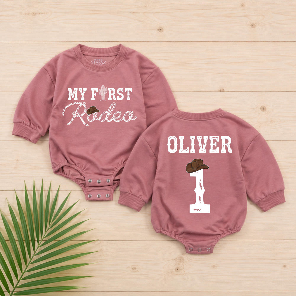 My First Rodeo Personalized Baby Romper for First Birthday Boy, Western Cowboy Outfit with Cactus and Hat Design, Short or Long Sleeves