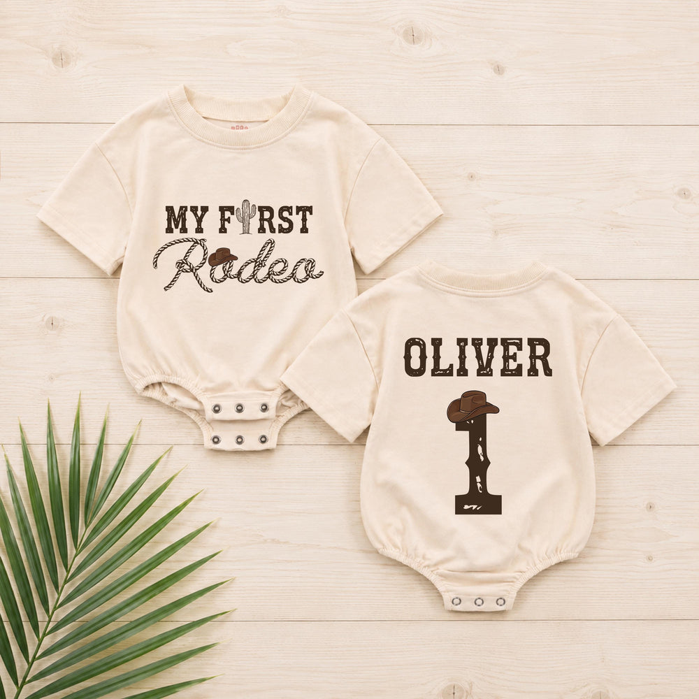My First Rodeo Personalized Baby Romper for First Birthday Boy, Western Cowboy Outfit with Cactus and Hat Design, Short or Long Sleeves