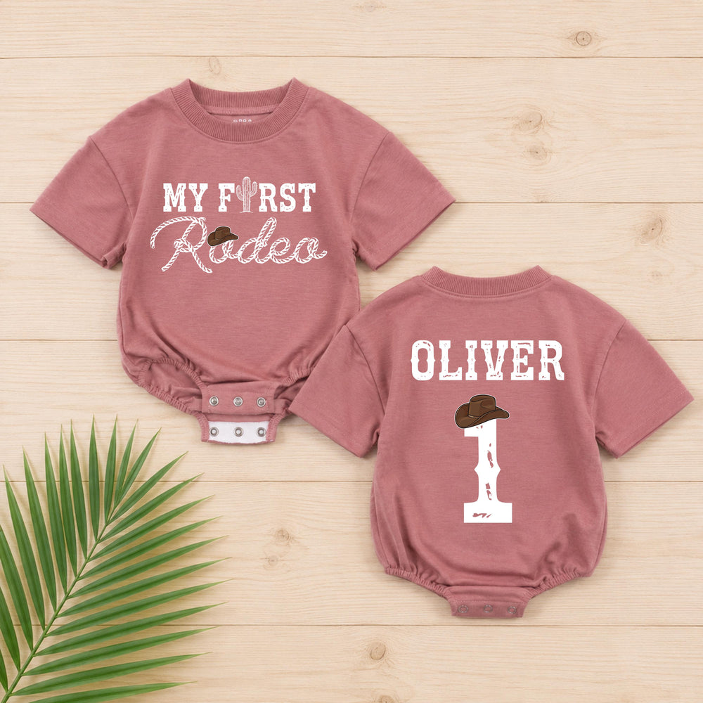 My First Rodeo Personalized Baby Romper for First Birthday Boy, Western Cowboy Outfit with Cactus and Hat Design, Short or Long Sleeves
