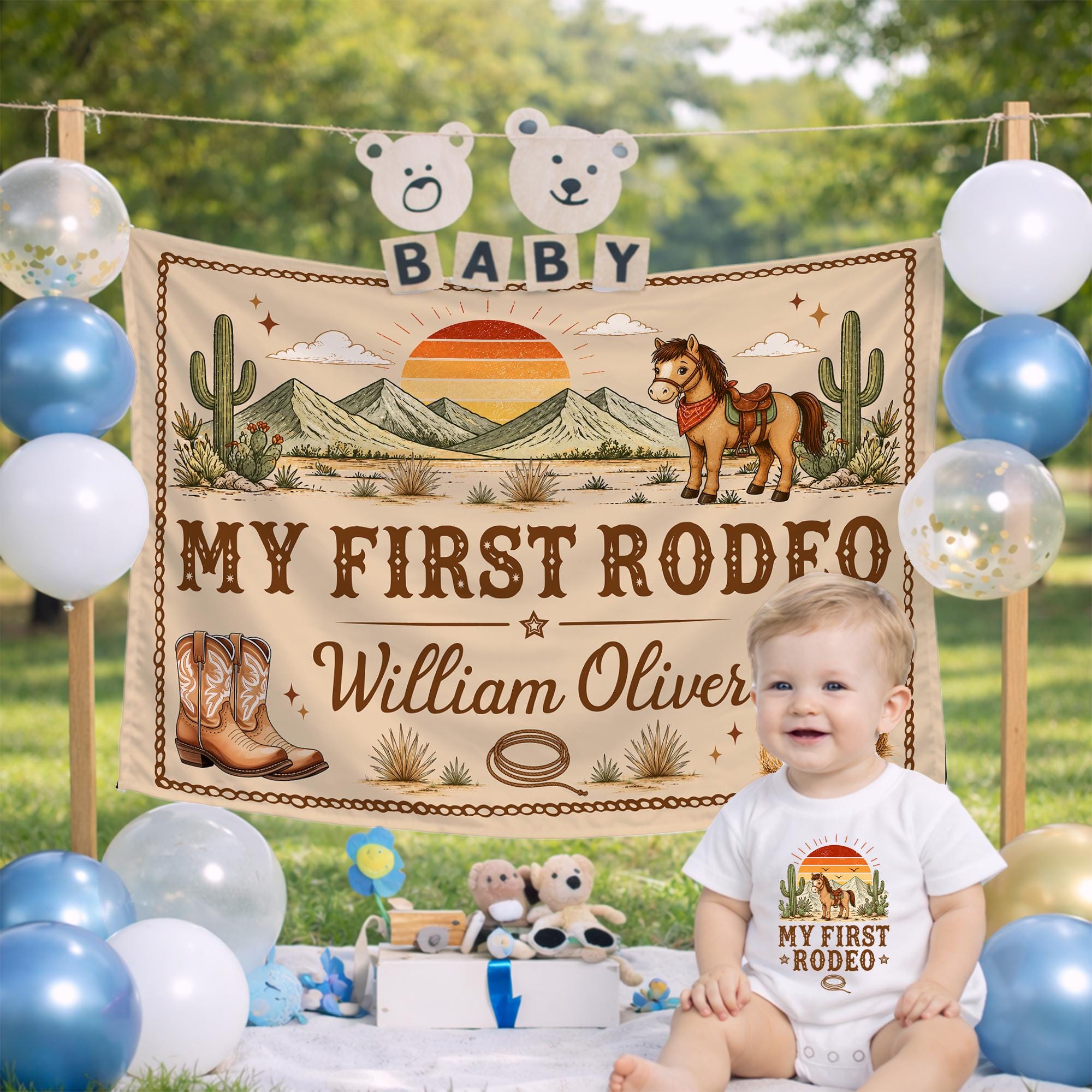 My First Rodeo Silk Banner with Custom Baby Name, Vintage Cowboy Theme, Western Birthday Party Backdrop Decoration