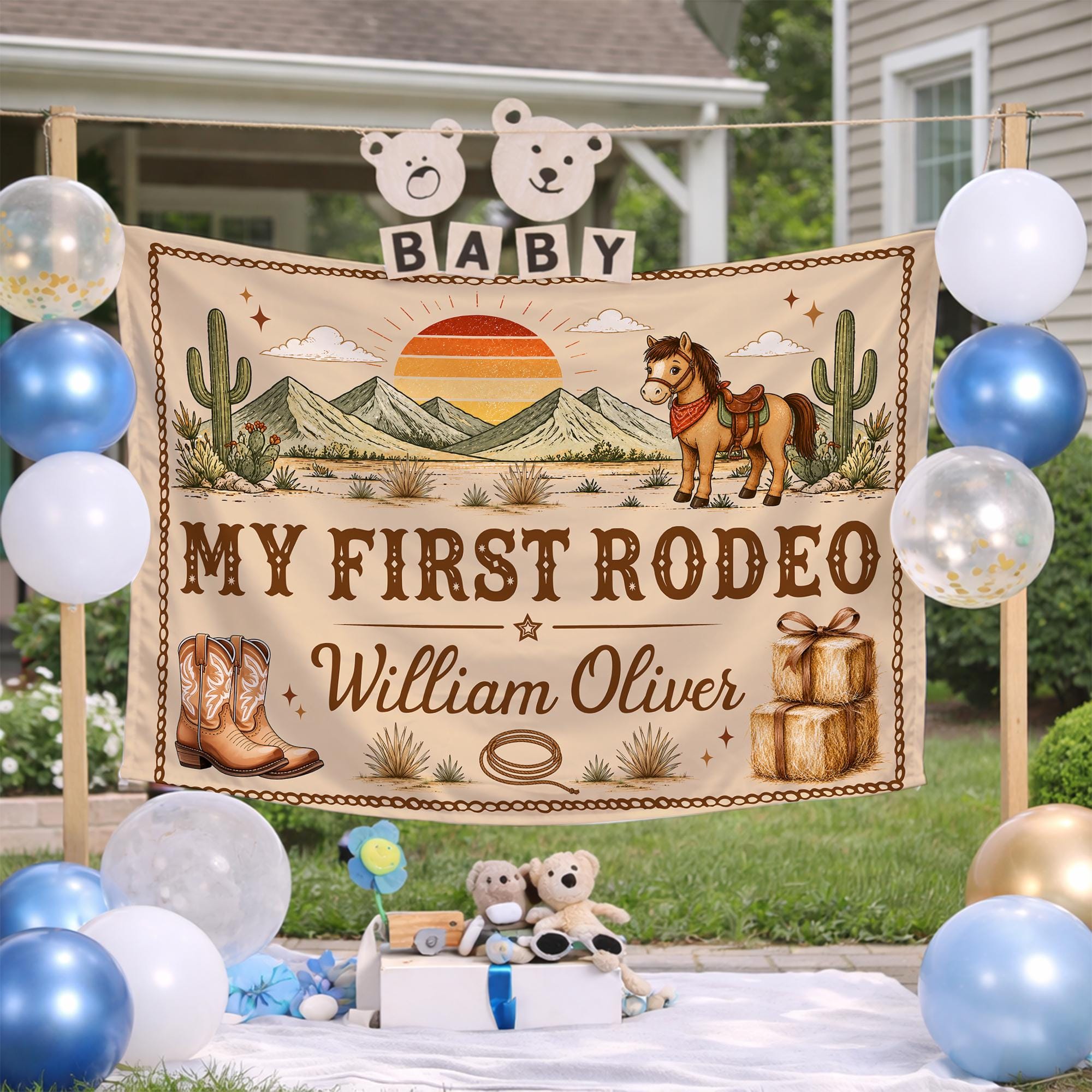 My First Rodeo Silk Banner with Custom Baby Name, Vintage Cowboy Theme, Western Birthday Party Backdrop Decoration