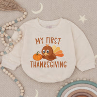 My First Thanksgiving Baby Romper with Cute Turkey and Pumpkin Design, Adorable Autumn Outfit for Infant or Toddler Boys and Girls Gift