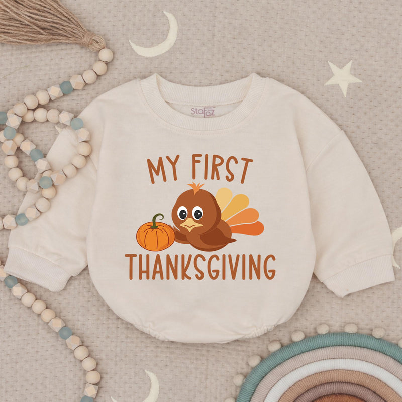 My First Thanksgiving Baby Romper with Cute Turkey and Pumpkin Design, Adorable Autumn Outfit for Infant or Toddler Boys and Girls Gift