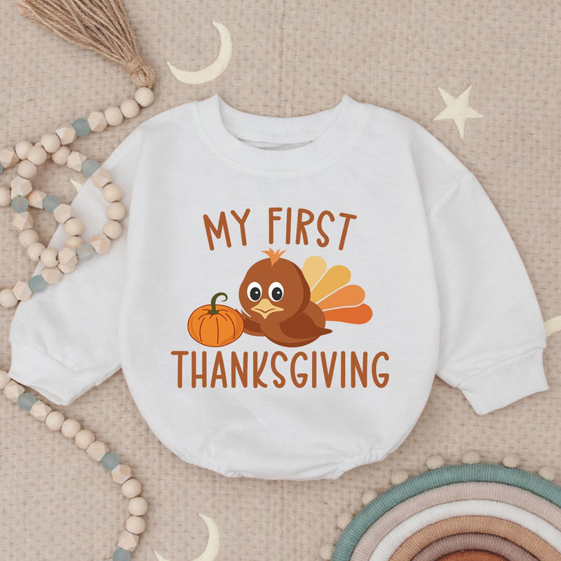 My First Thanksgiving Baby Romper with Cute Turkey and Pumpkin Design, Adorable Autumn Outfit for Infant or Toddler Boys and Girls Gift
