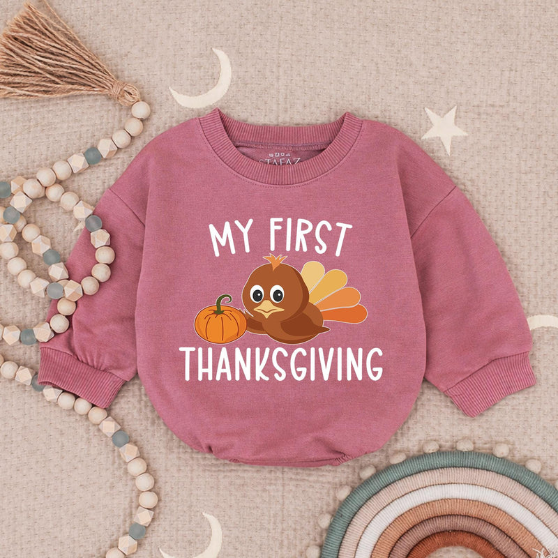 My First Thanksgiving Baby Romper with Cute Turkey and Pumpkin Design, Adorable Autumn Outfit for Infant or Toddler Boys and Girls Gift