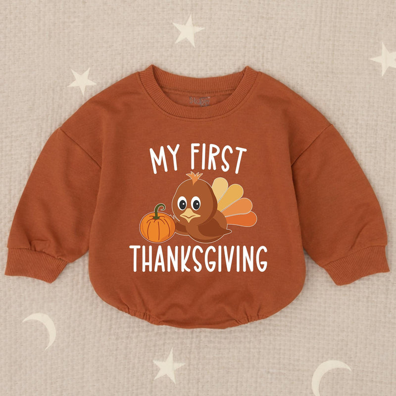My First Thanksgiving Baby Romper with Cute Turkey and Pumpkin Design, Adorable Autumn Outfit for Infant or Toddler Boys and Girls Gift