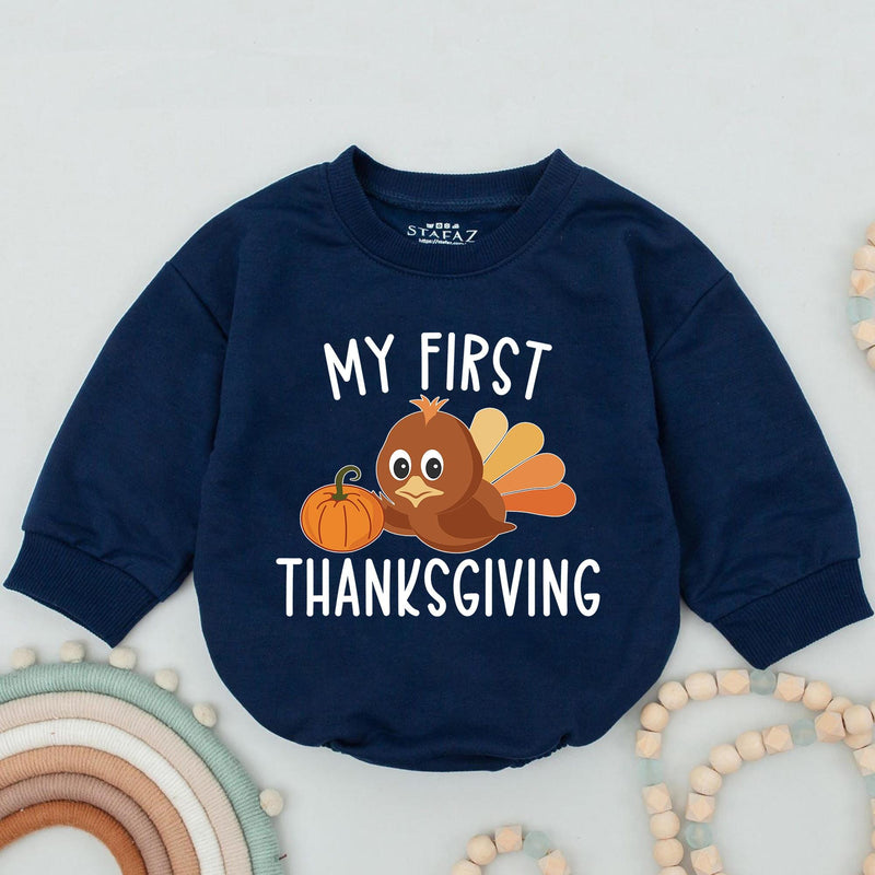 My First Thanksgiving Baby Romper with Cute Turkey and Pumpkin Design, Adorable Autumn Outfit for Infant or Toddler Boys and Girls Gift