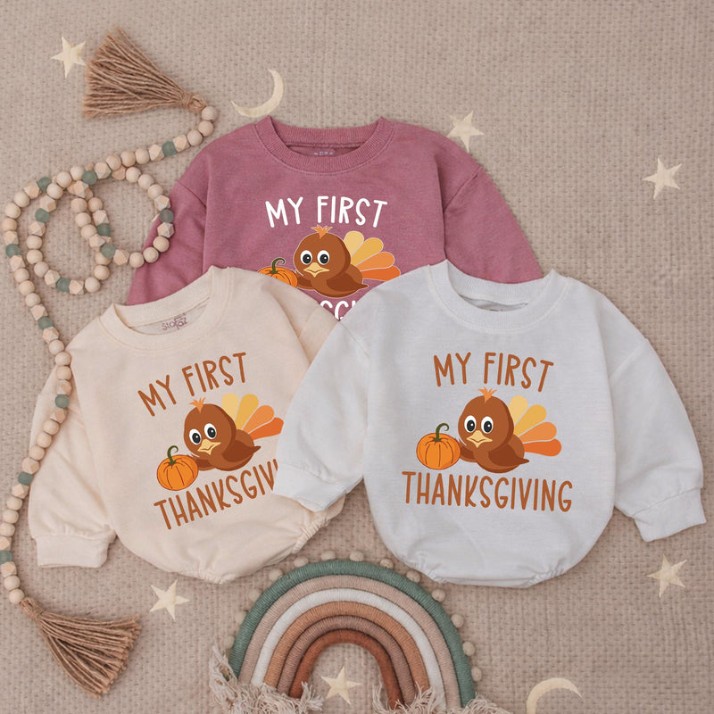 My First Thanksgiving Baby Romper with Cute Turkey and Pumpkin Design, Adorable Autumn Outfit for Infant or Toddler Boys and Girls Gift