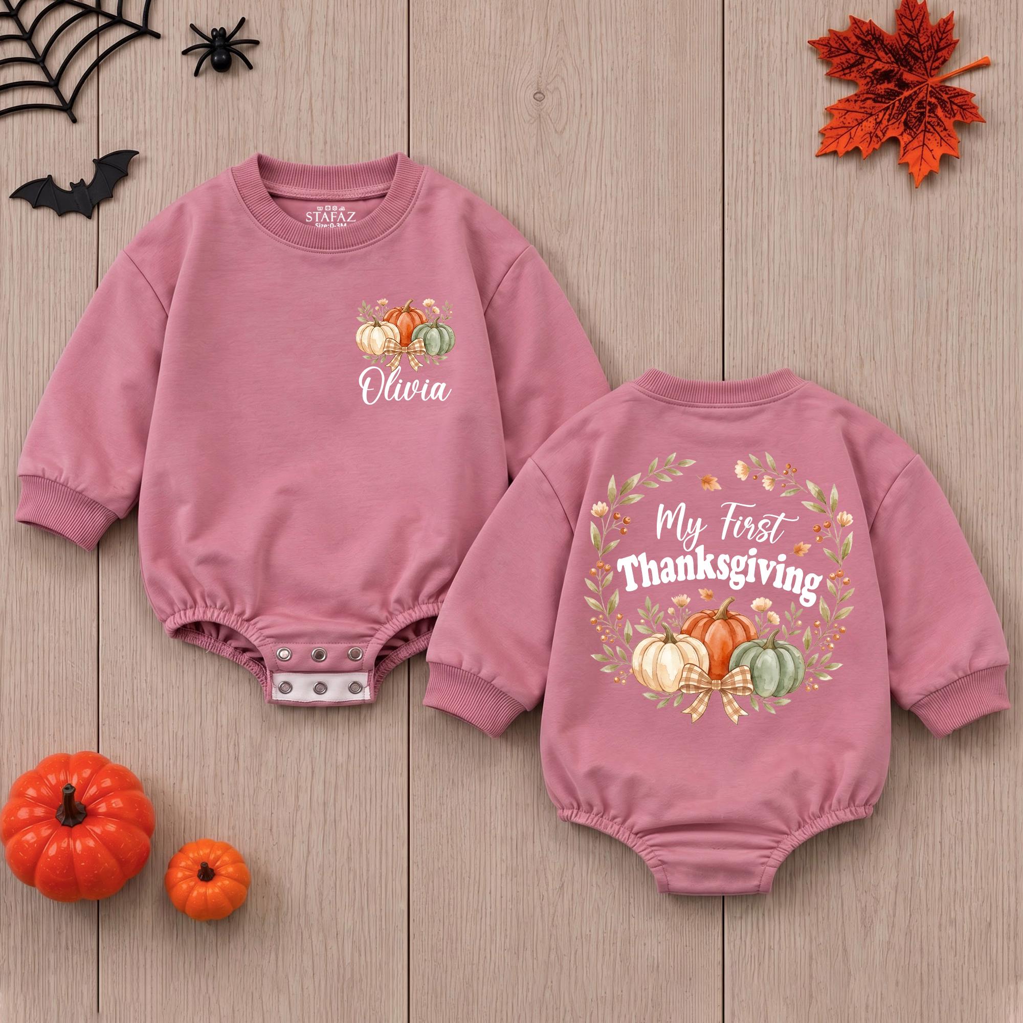 My First Thanksgiving Baby Romper with Pumpkin Artwork and Custom Name, Fall Newborn Outfit for Holiday Photos and Gifting