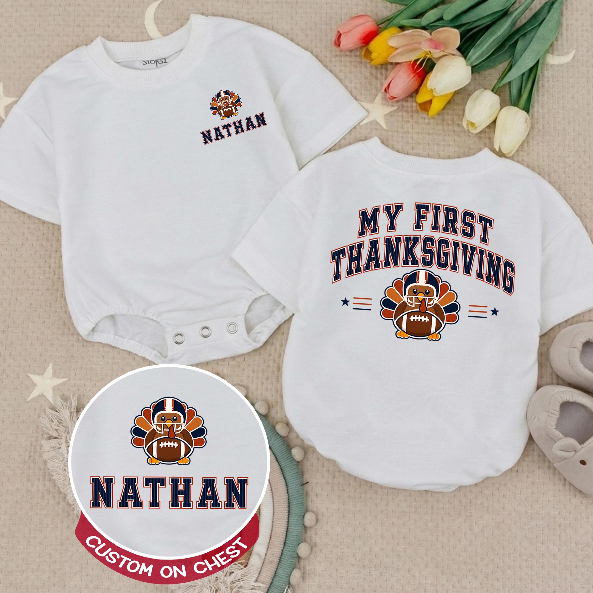 My First Thanksgiving Baby Romper with Turkey Football Graphic, Custom Baby Name Outfit, Fall Newborn Bodysuit for Boys