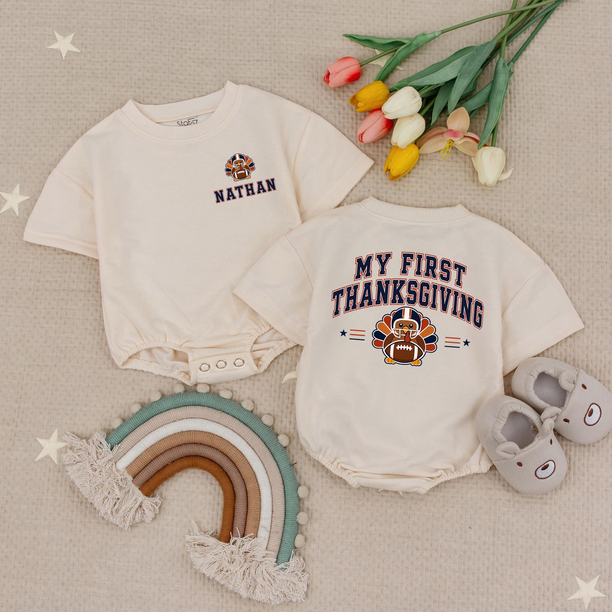 My First Thanksgiving Baby Romper with Turkey Football Graphic, Custom Baby Name Outfit, Fall Newborn Bodysuit for Boys