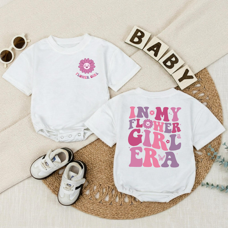 In My Flower Girl Era Baby Romper with Pink and Purple Floral Text, Soft Cotton Newborn Outfit, Matching Family Wedding Party Gift Idea