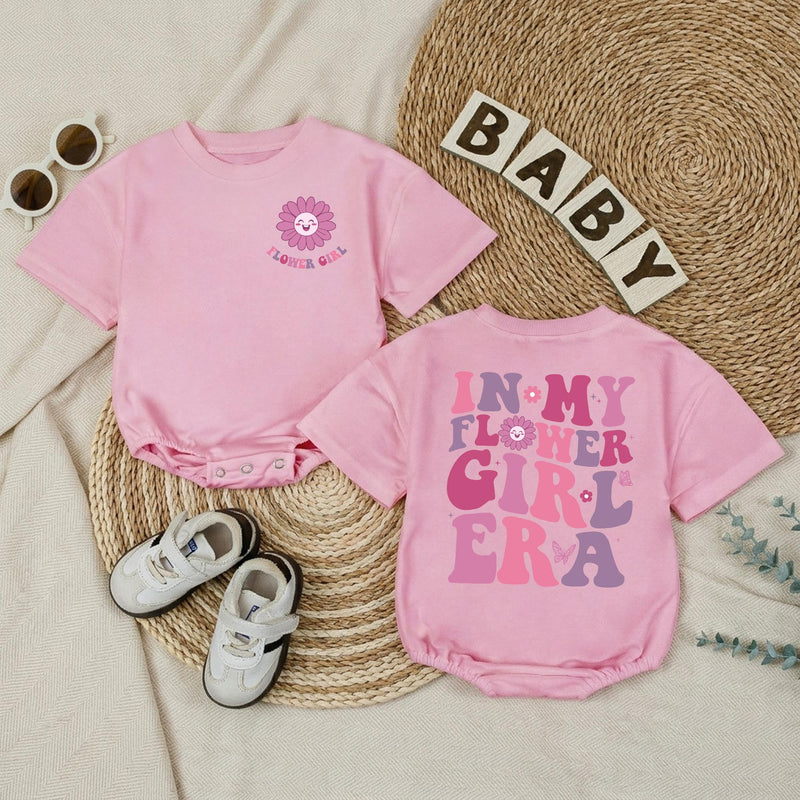 In My Flower Girl Era Baby Romper with Pink and Purple Floral Text, Soft Cotton Newborn Outfit, Matching Family Wedding Party Gift Idea