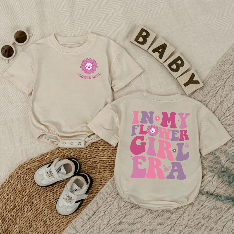 In My Flower Girl Era Baby Romper with Pink and Purple Floral Text, Soft Cotton Newborn Outfit, Matching Family Wedding Party Gift Idea