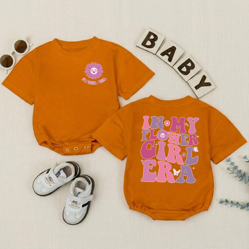 In My Flower Girl Era Baby Romper with Pink and Purple Floral Text, Soft Cotton Newborn Outfit, Matching Family Wedding Party Gift Idea