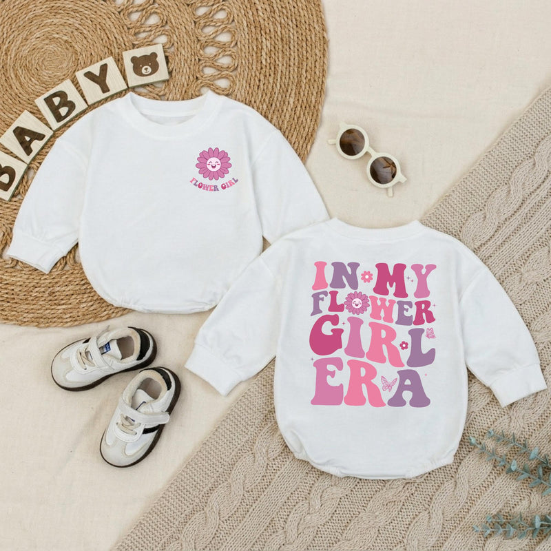 In My Flower Girl Era Baby Romper with Pink and Purple Floral Text, Soft Cotton Newborn Outfit, Matching Family Wedding Party Gift Idea