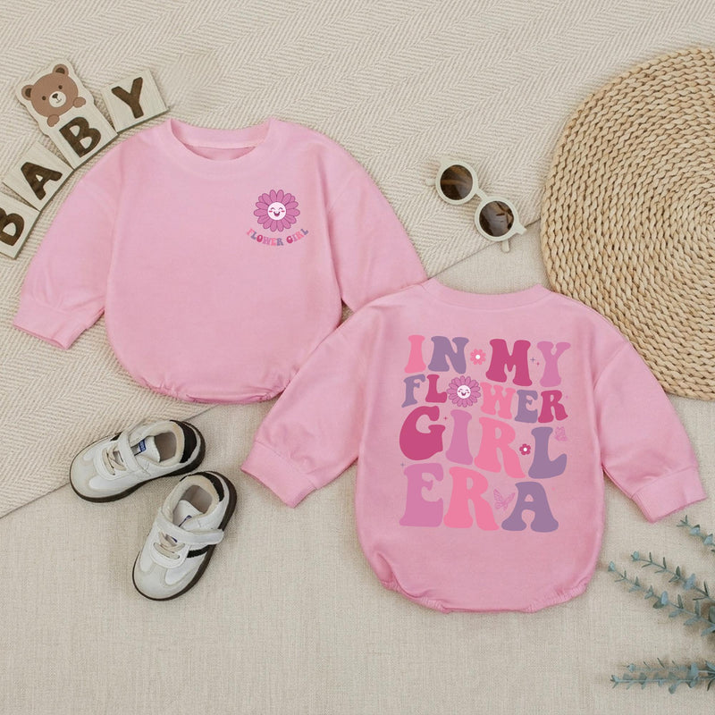 In My Flower Girl Era Baby Romper with Pink and Purple Floral Text, Soft Cotton Newborn Outfit, Matching Family Wedding Party Gift Idea
