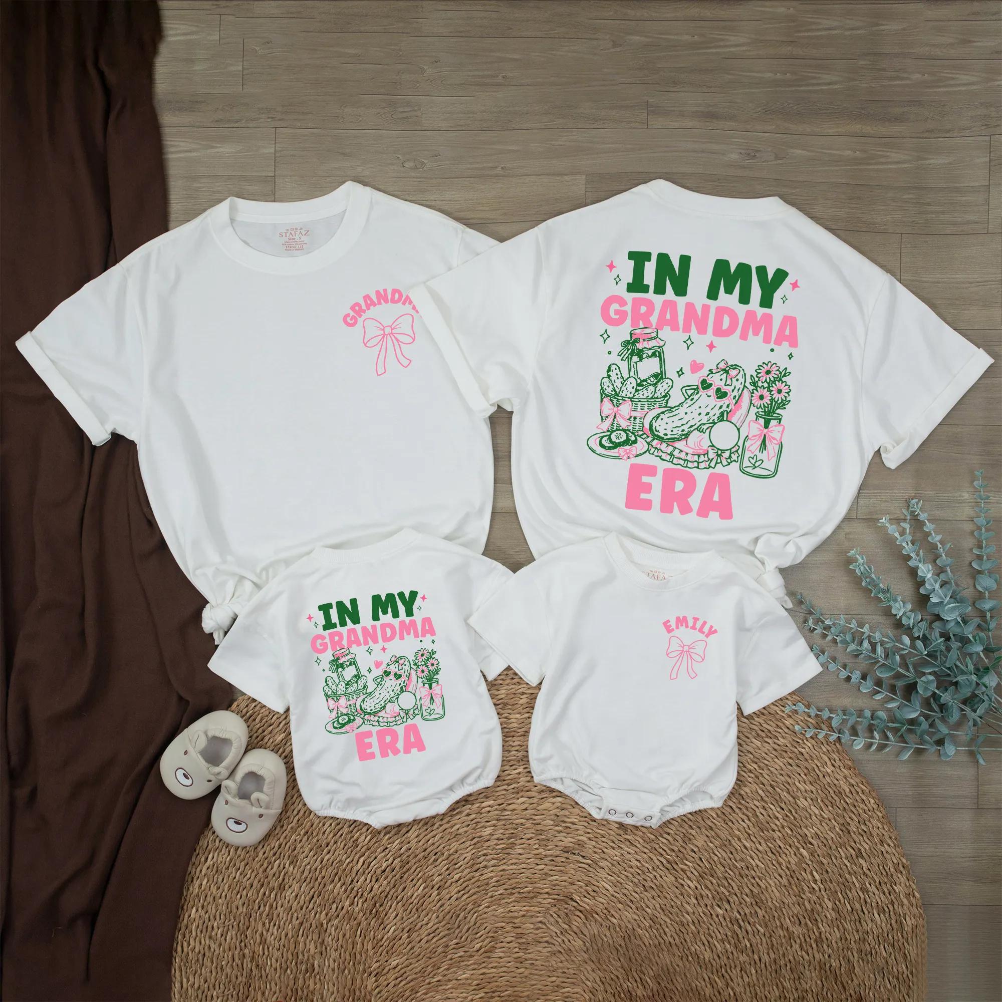 In My Grandma Era Matching Shirts with Retro Graphic and Custom Names, Baby Bubble Romper and Grandma T-Shirt Set for Family Photos