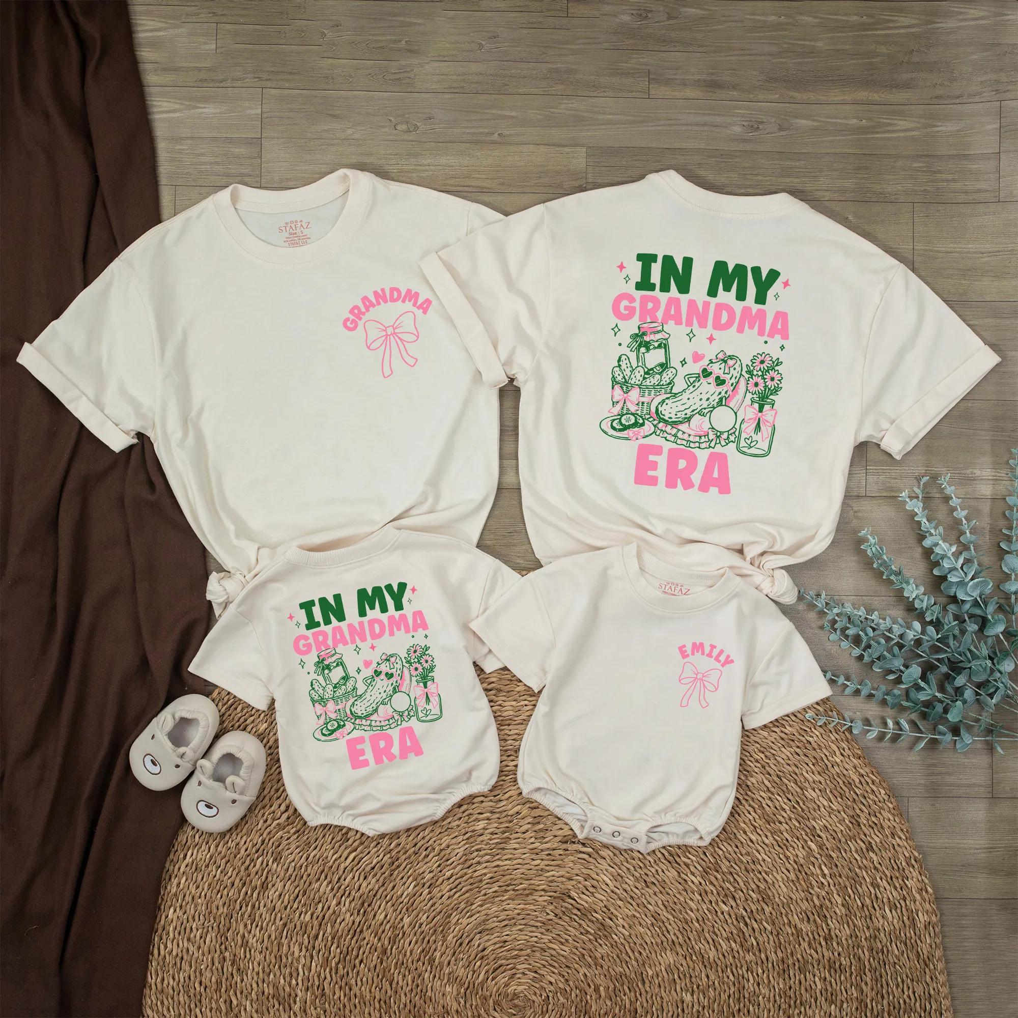 In My Grandma Era Matching Shirts with Retro Graphic and Custom Names, Baby Bubble Romper and Grandma T-Shirt Set for Family Photos