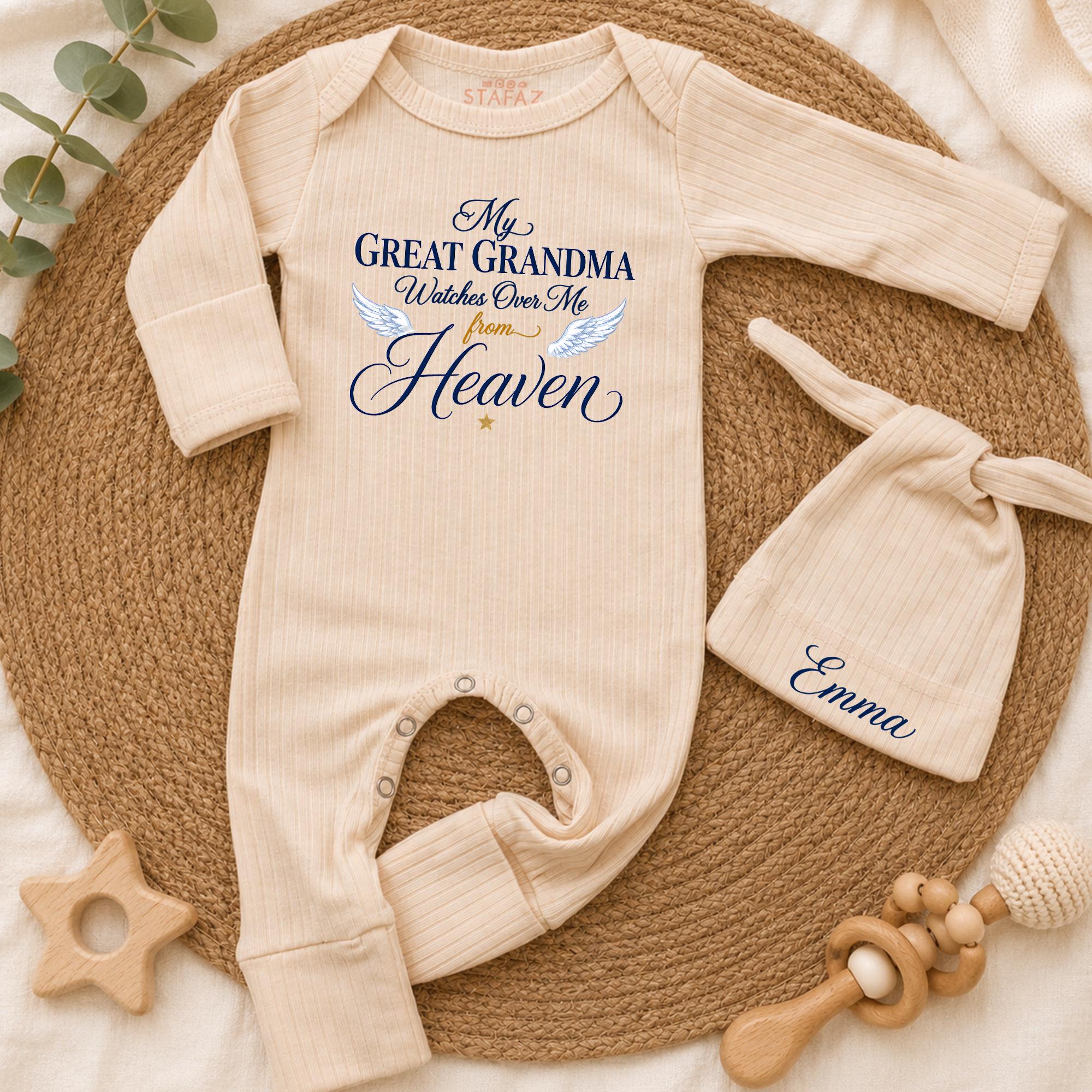 My Great Grandma Watches Over Me Baby Romper with Angel Wings Graphic and Custom Name Hat, Memorial Keepsake Outfit