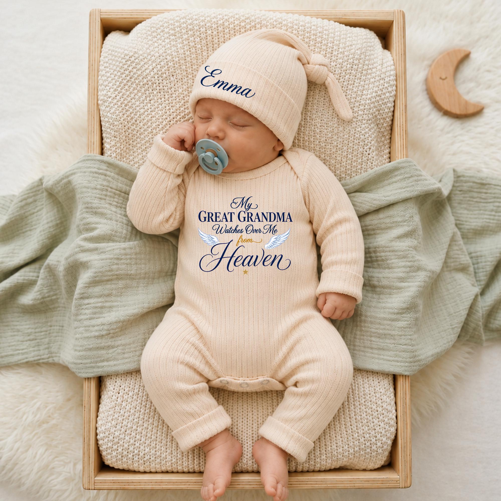 My Great Grandma Watches Over Me Baby Romper with Angel Wings Graphic and Custom Name Hat, Memorial Keepsake Outfit