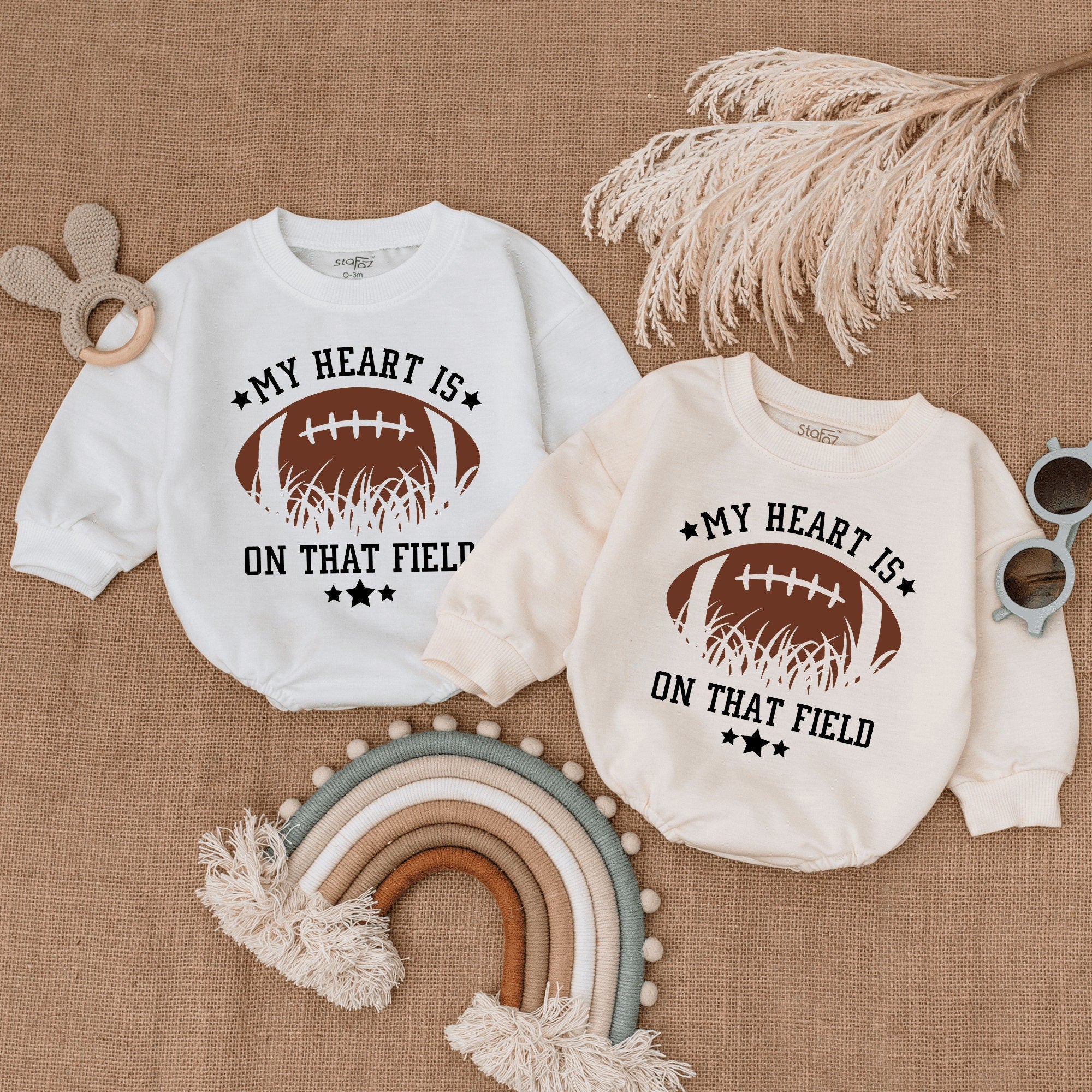 My Heart Is On That Field Baby Romper Football Infant Outfit Game Day Gift Soft Cotton Playful Design with Stars for Boys and Girls