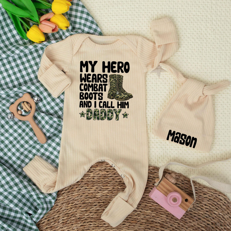 My Hero Wears Combat Boots Baby Bodysuit with Camo Daddy Design Custom Gift for Newborns Fathers Day Army Dad Baby Shower Outfit