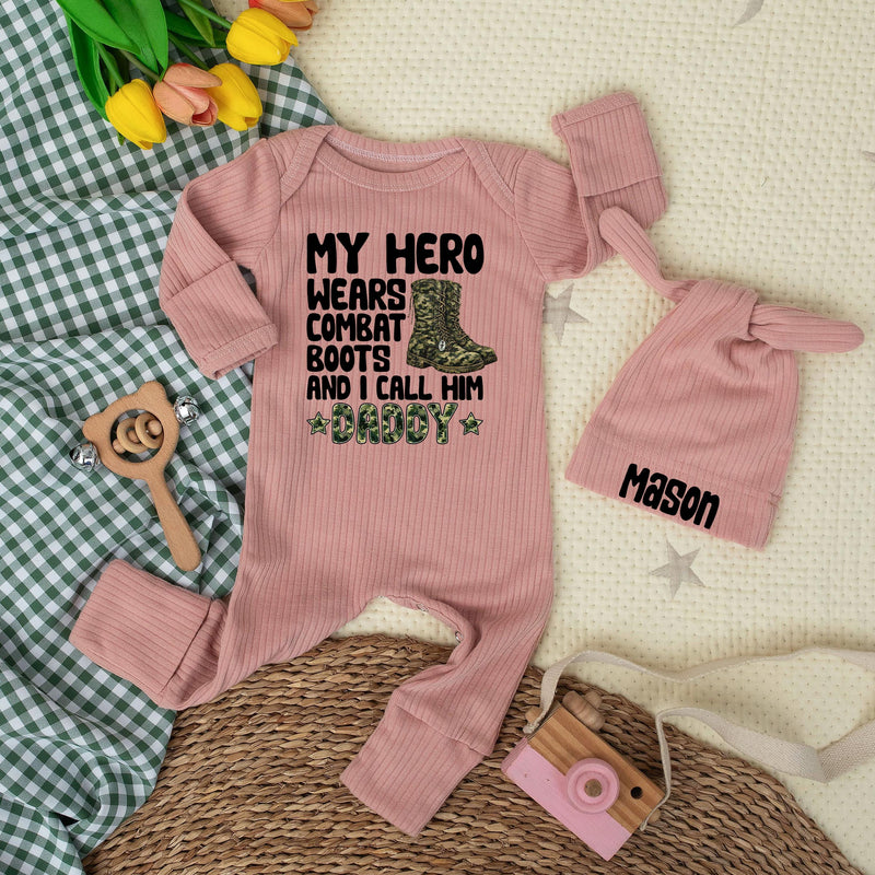 My Hero Wears Combat Boots Baby Bodysuit with Camo Daddy Design Custom Gift for Newborns Fathers Day Army Dad Baby Shower Outfit