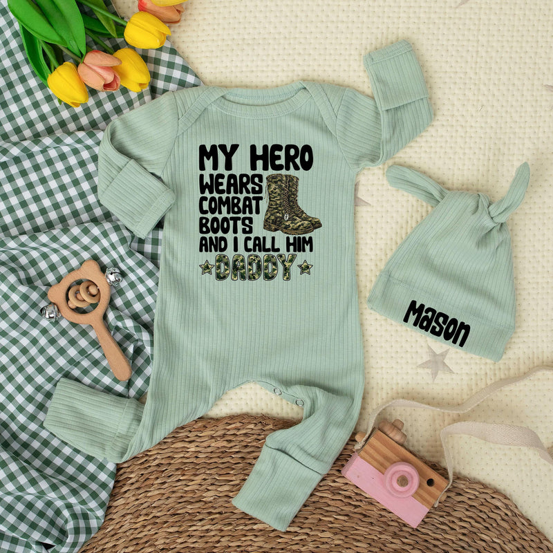 My Hero Wears Combat Boots Baby Bodysuit with Camo Daddy Design Custom Gift for Newborns Fathers Day Army Dad Baby Shower Outfit