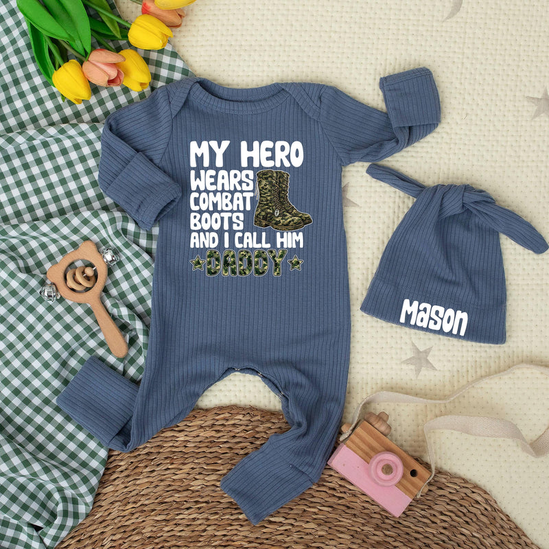 My Hero Wears Combat Boots Baby Bodysuit with Camo Daddy Design Custom Gift for Newborns Fathers Day Army Dad Baby Shower Outfit