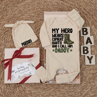 My Hero Wears Combat Boots Baby Bodysuit with Camo Daddy Design Custom Gift for Newborns Fathers Day Army Dad Baby Shower Outfit