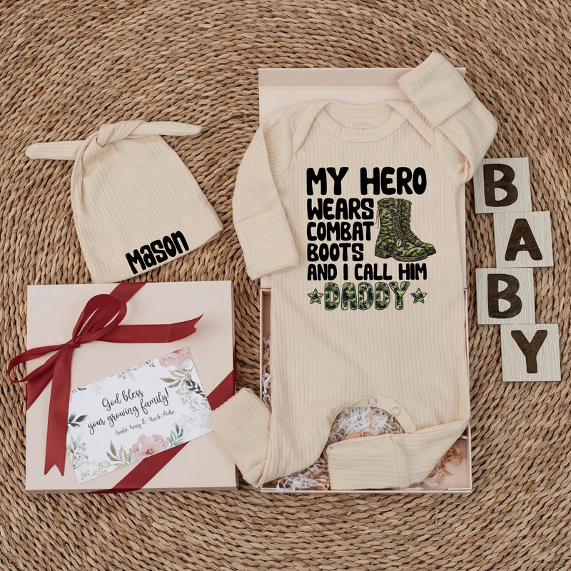 My Hero Wears Combat Boots Baby Bodysuit with Camo Daddy Design Custom Gift for Newborns Fathers Day Army Dad Baby Shower Outfit