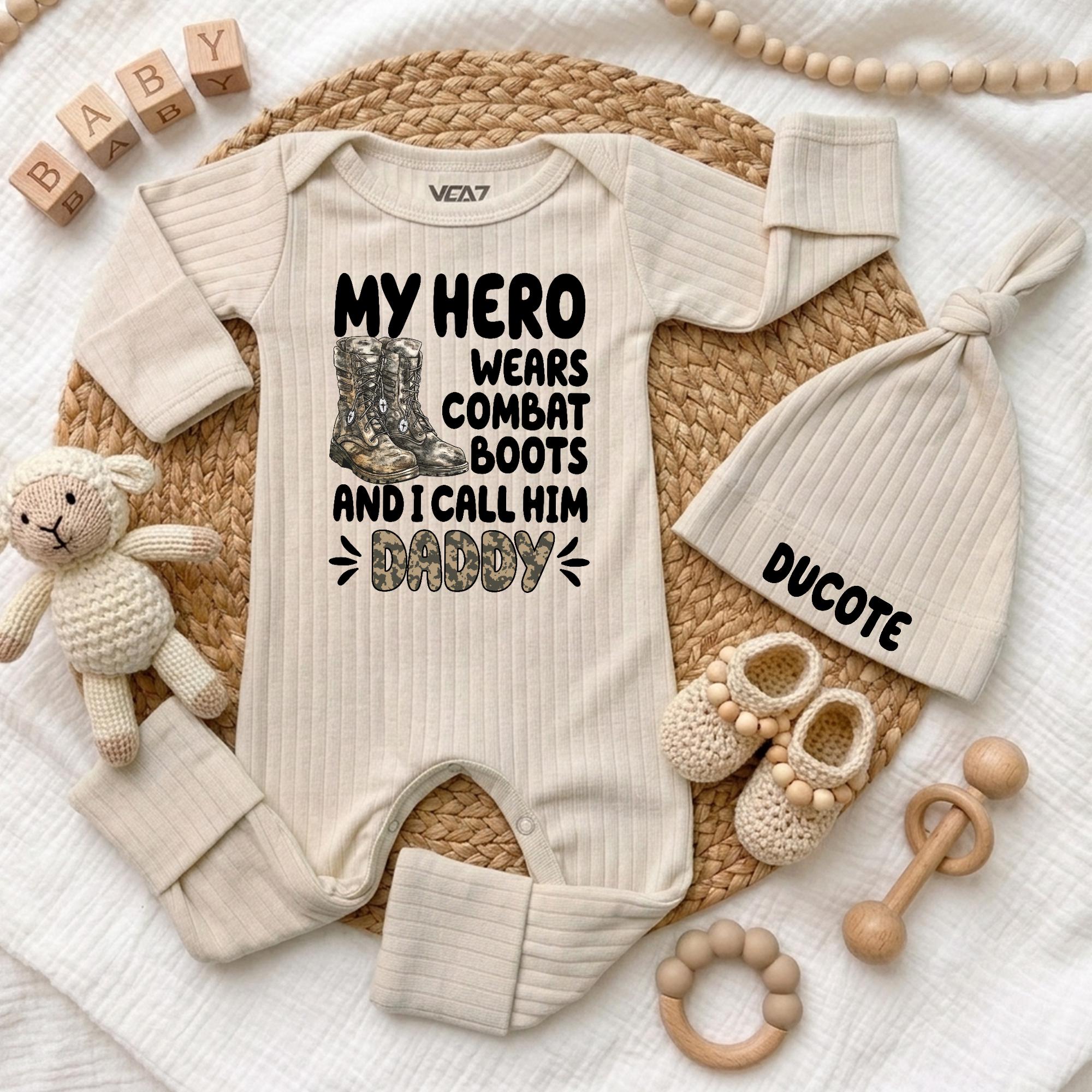My Hero Wears Combat Boots Baby Bodysuit with Custom Name Hat, Military Daddy Newborn Outfit, Army Coming Home Gift