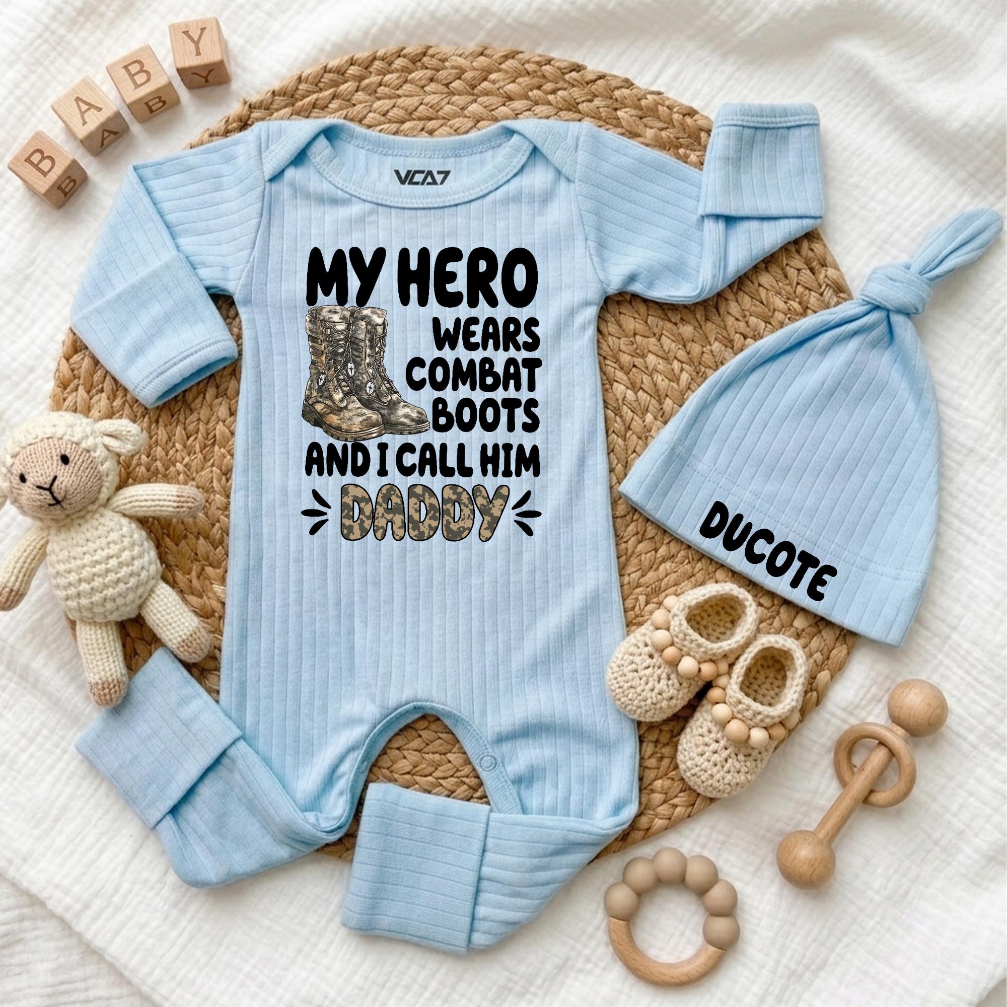 My Hero Wears Combat Boots Baby Bodysuit with Custom Name Hat, Military Daddy Newborn Outfit, Army Coming Home Gift