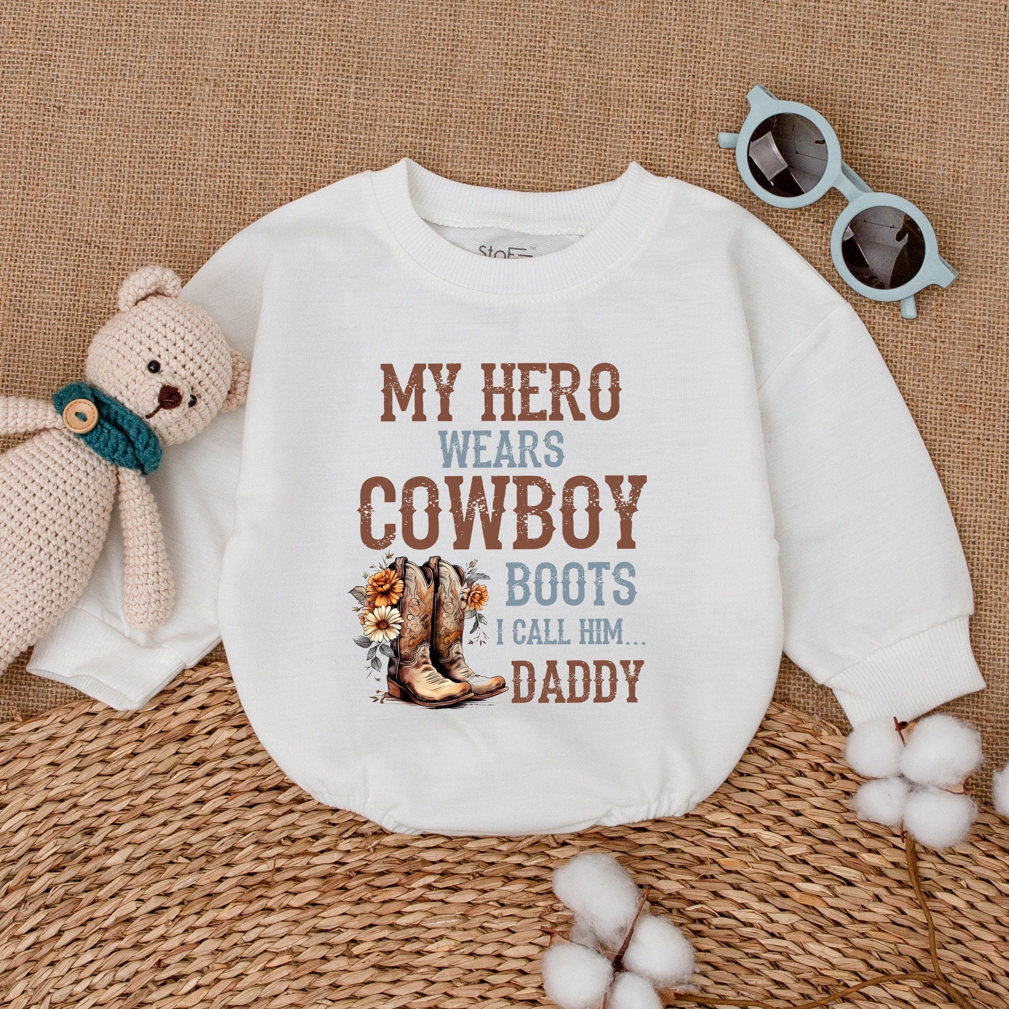 My Hero Wears Cowboy Boots Daddy Romper Baby Shower Gift Western Baby Clothes Cowboy Boot Design Father's Day Infant Outfit