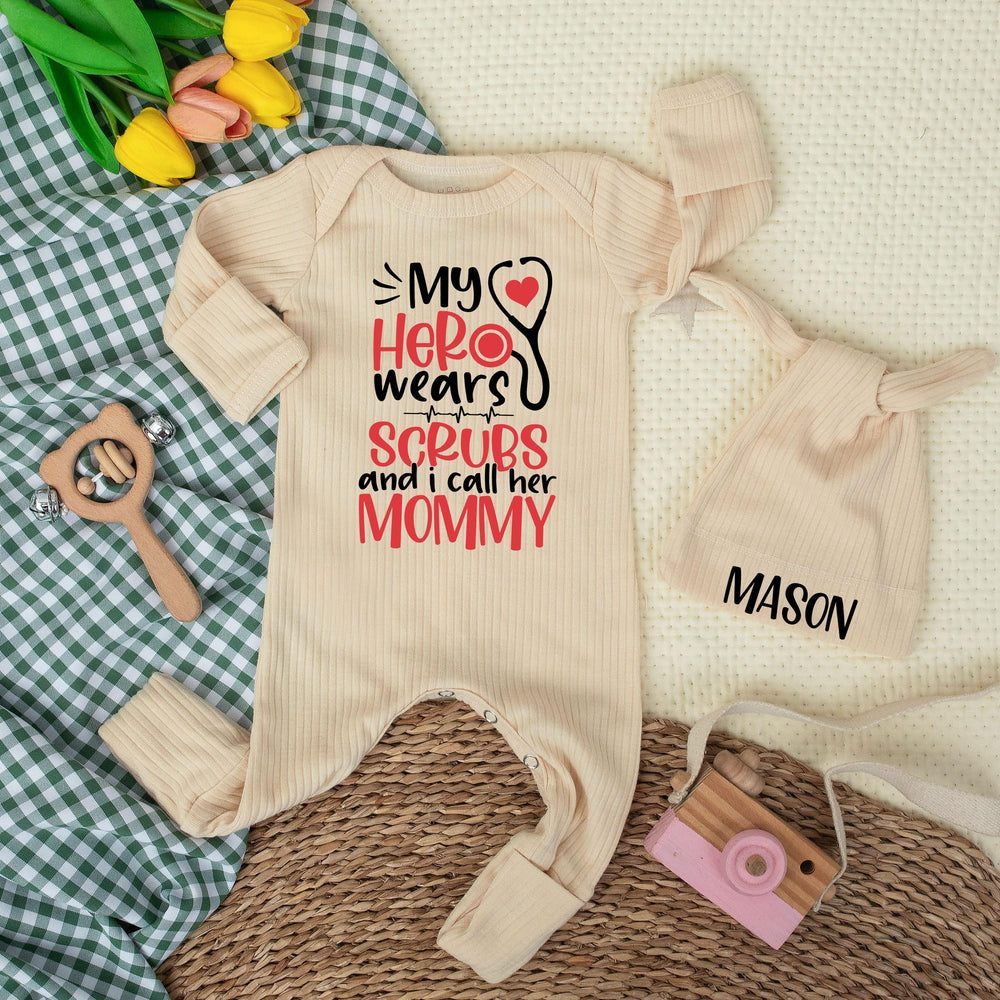 My Hero Wears Scrubs Baby Bodysuit with Stethoscope Graphic Custom Nurse Mom Gift Newborn Clothes Soft Cotton Medical Baby Shower Outfit