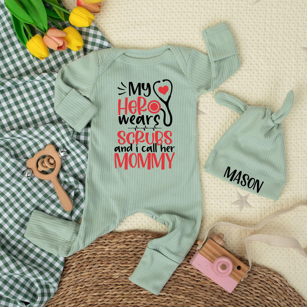 My Hero Wears Scrubs Baby Bodysuit with Stethoscope Graphic Custom Nurse Mom Gift Newborn Clothes Soft Cotton Medical Baby Shower Outfit