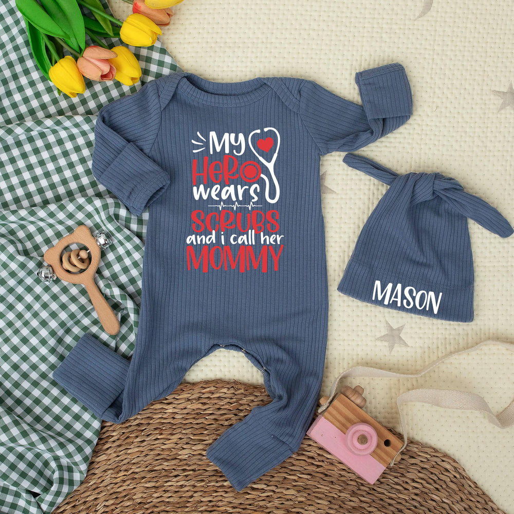 My Hero Wears Scrubs Baby Bodysuit with Stethoscope Graphic Custom Nurse Mom Gift Newborn Clothes Soft Cotton Medical Baby Shower Outfit