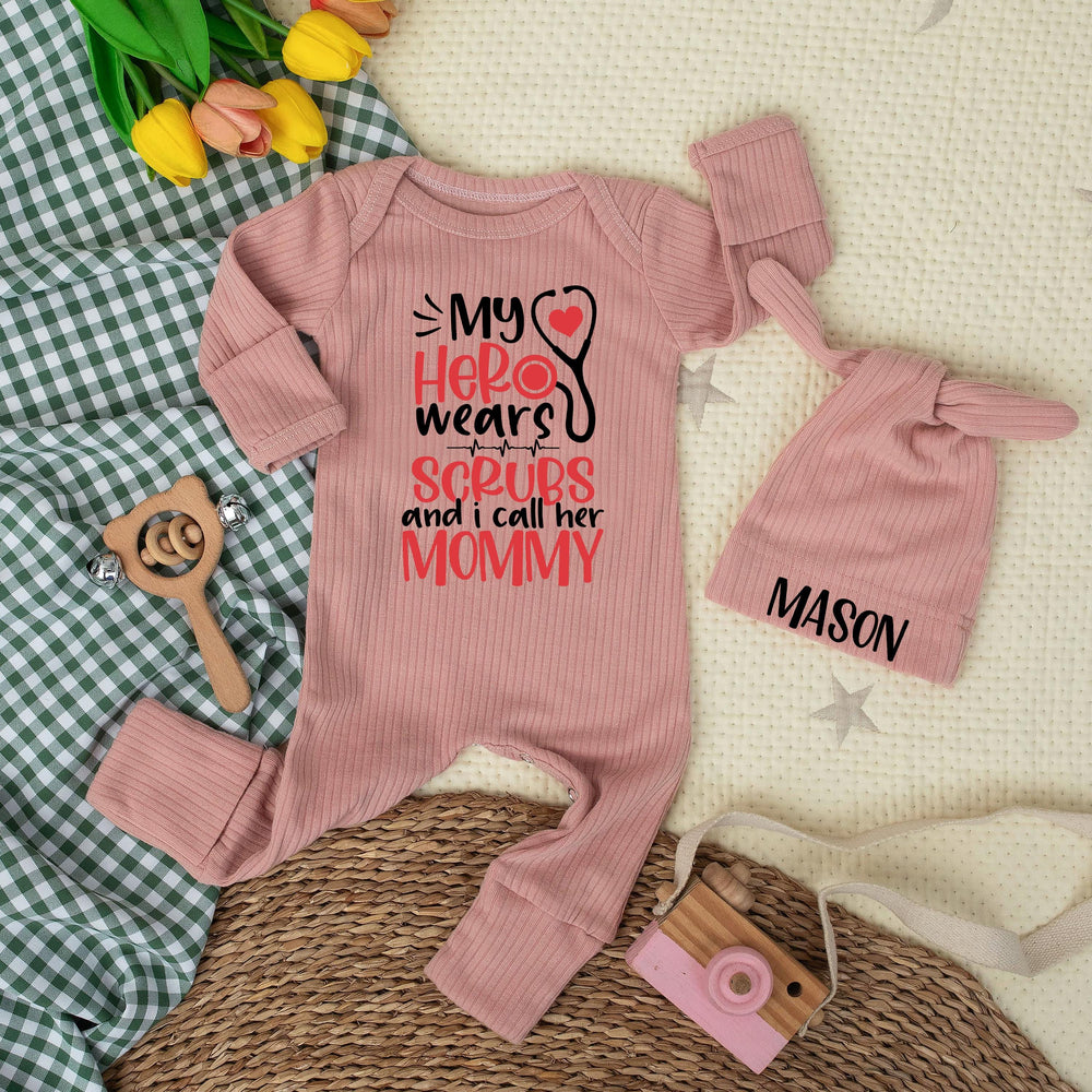 My Hero Wears Scrubs Baby Bodysuit with Stethoscope Graphic Custom Nurse Mom Gift Newborn Clothes Soft Cotton Medical Baby Shower Outfit