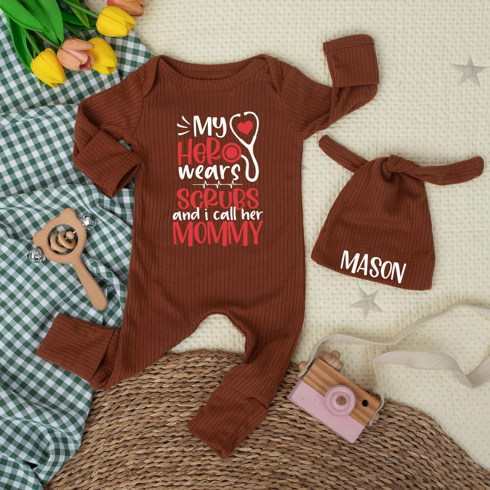 My Hero Wears Scrubs Baby Bodysuit with Stethoscope Graphic Custom Nurse Mom Gift Newborn Clothes Soft Cotton Medical Baby Shower Outfit