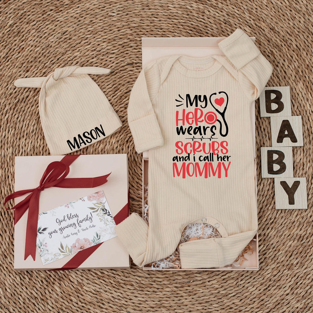 My Hero Wears Scrubs Baby Bodysuit with Stethoscope Graphic Custom Nurse Mom Gift Newborn Clothes Soft Cotton Medical Baby Shower Outfit
