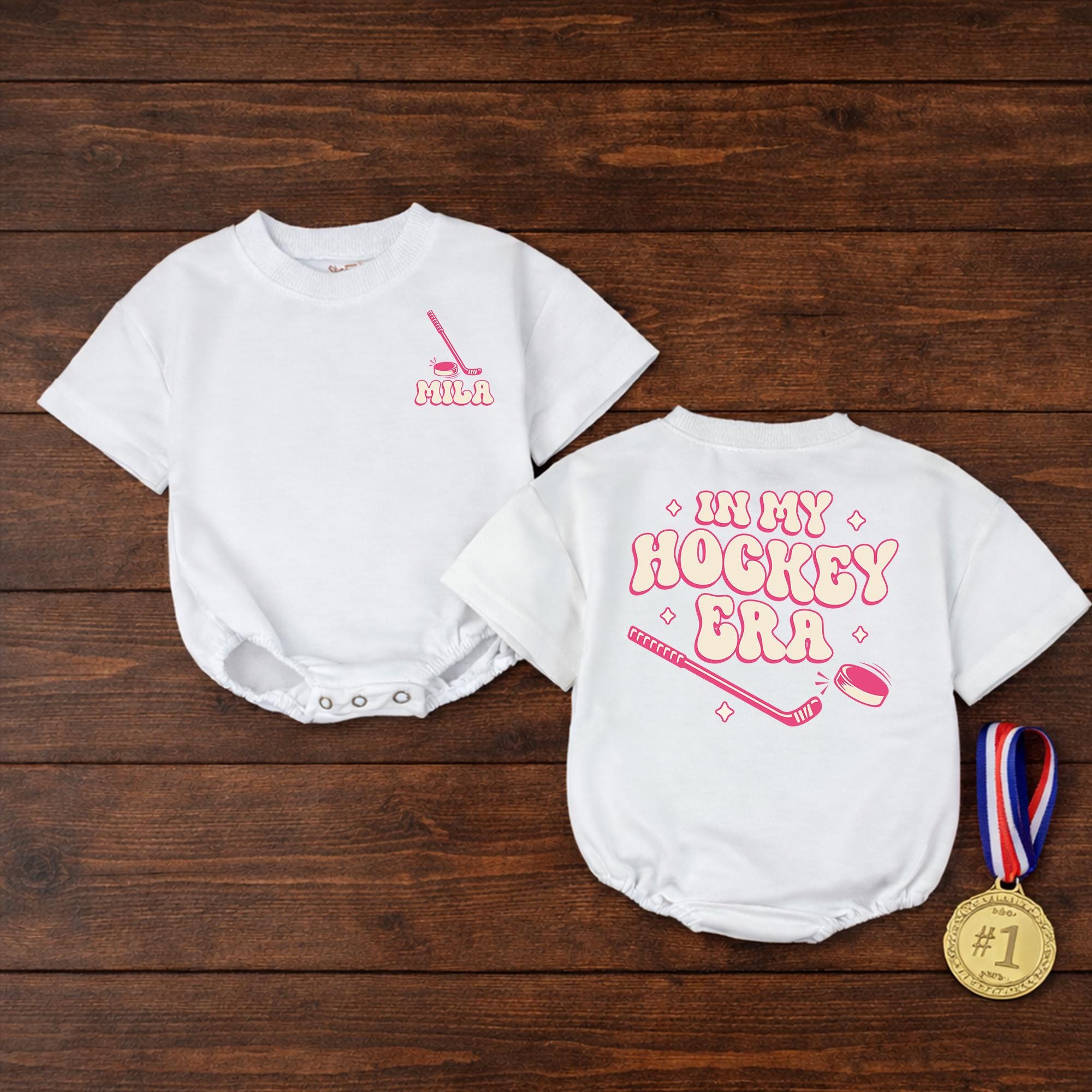 In My Hockey Era Baby Romper with Custom Name, Retro Pink Toddler Outfit for Game Day, Kids Hockey Shirt for Milestone Photos