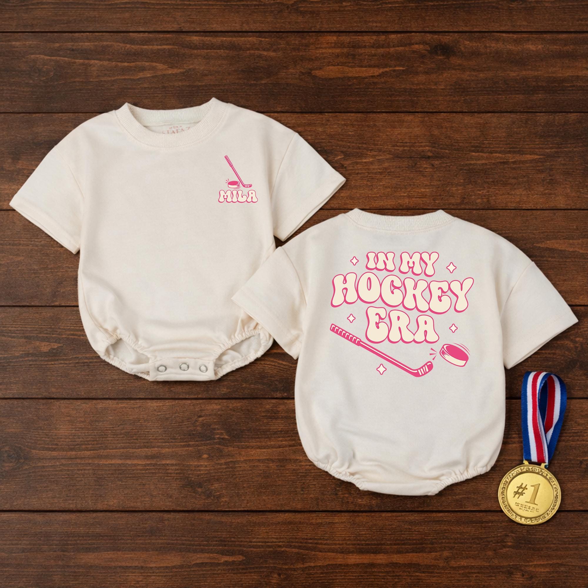 In My Hockey Era Baby Romper with Custom Name, Retro Pink Toddler Outfit for Game Day, Kids Hockey Shirt for Milestone Photos