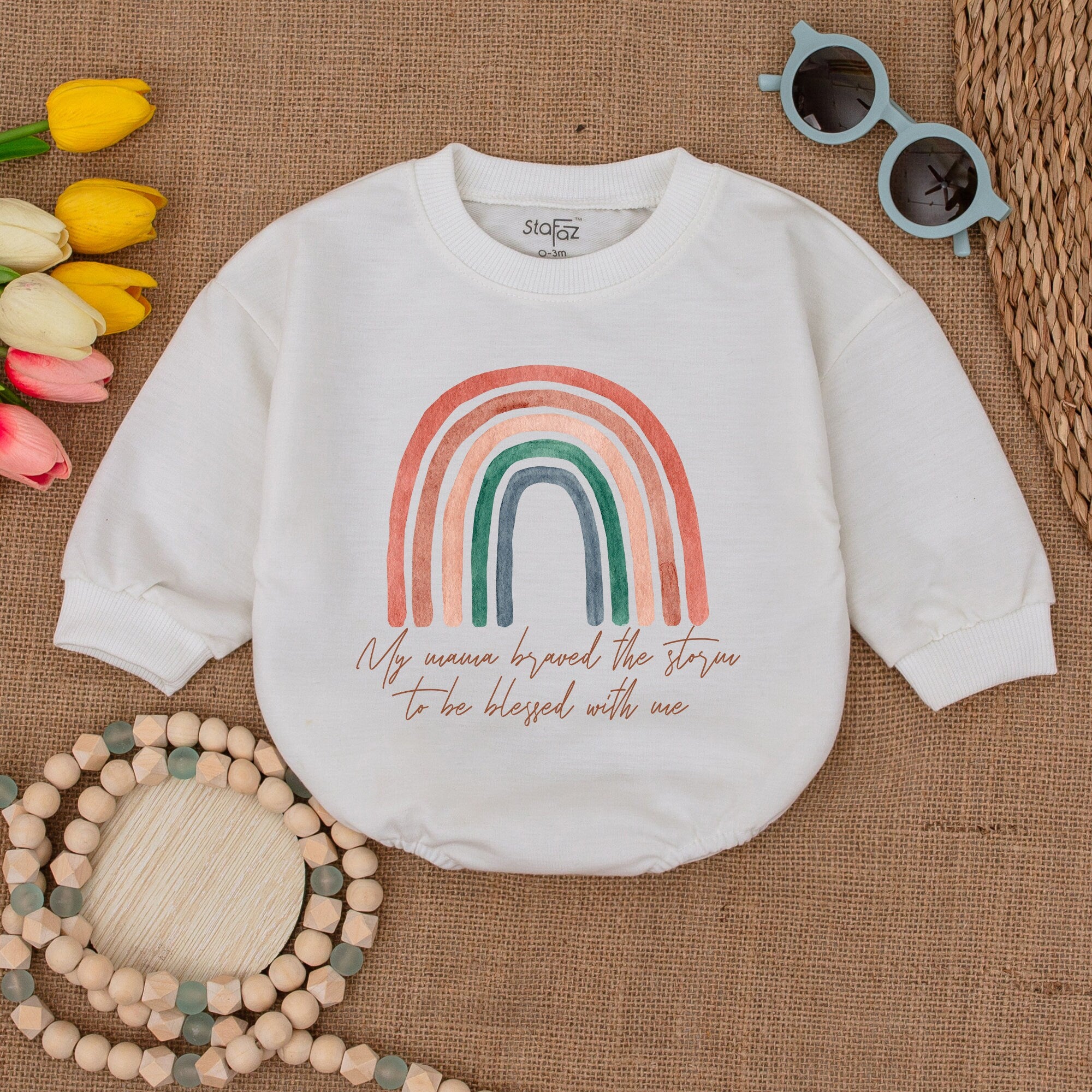My Mama Braved the Storm Baby Romper Soft Rainbow IVF Newborn Gift Cursive Text Minimalist Design Infant Cotton Comfortable Sentimental Outfit