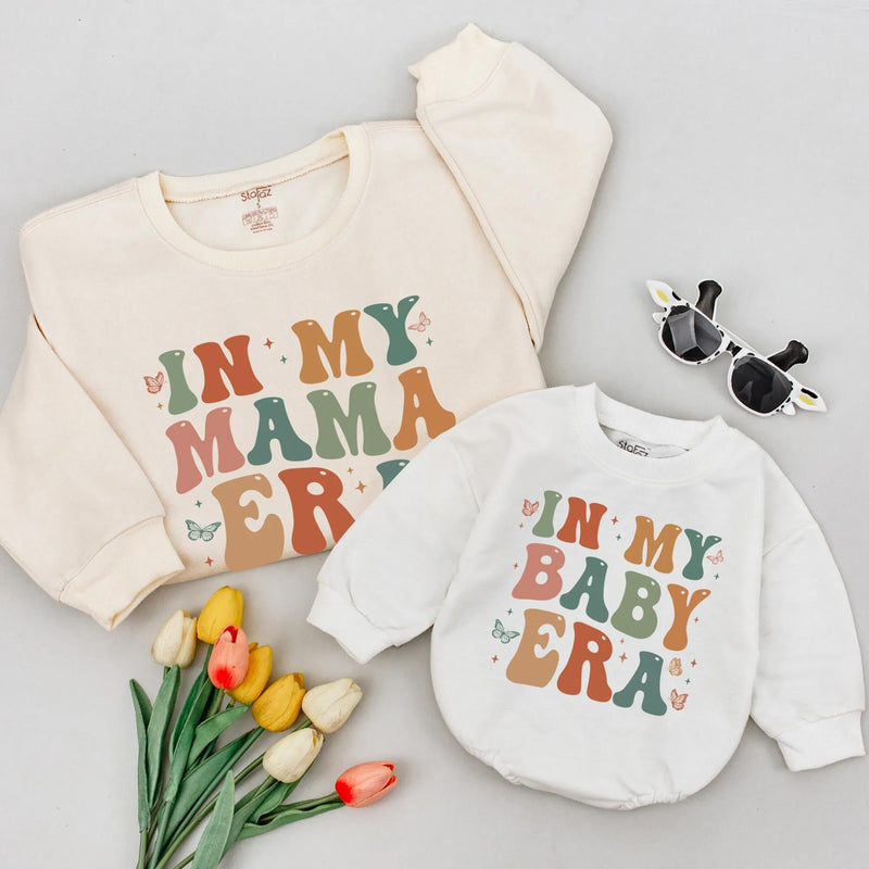 In My Mama Era and Baby Era Retro Matching Shirts for Mom and Daughter Trendy Earthy Design Family Outfit Baby Shower Gift Cotton Tees