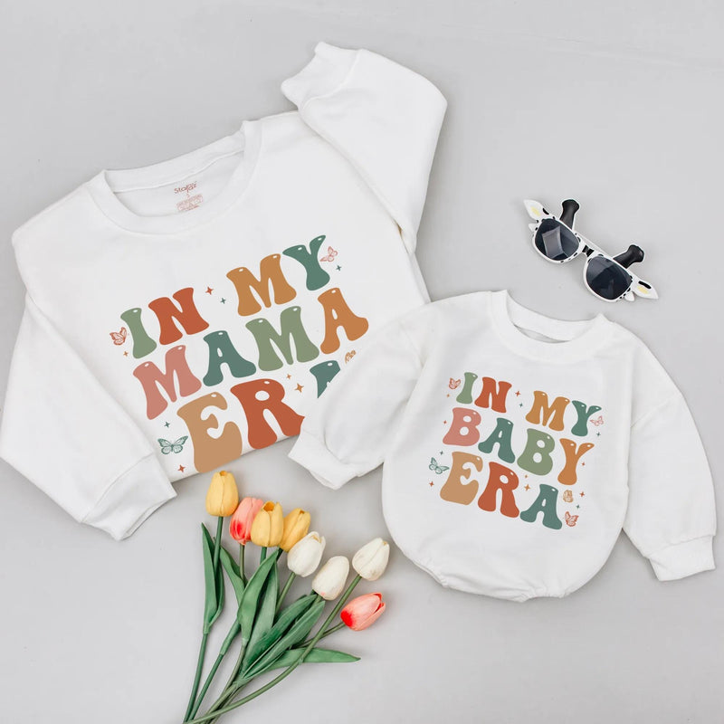 In My Mama Era and Baby Era Retro Matching Shirts for Mom and Daughter Trendy Earthy Design Family Outfit Baby Shower Gift Cotton Tees
