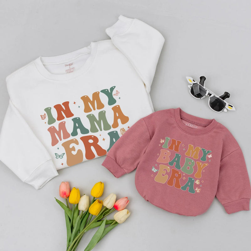 In My Mama Era and Baby Era Retro Matching Shirts for Mom and Daughter Trendy Earthy Design Family Outfit Baby Shower Gift Cotton Tees