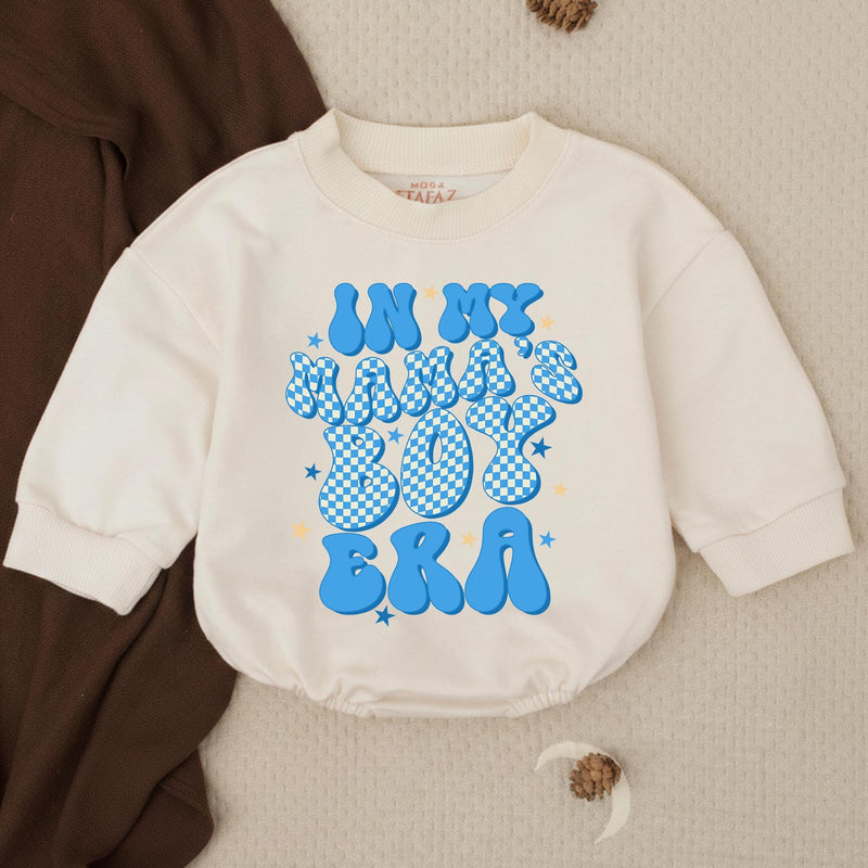 In My Mama's Boy Era Baby Romper - Cute Blue Checkered Text Print, Long Sleeve Soft Cotton Bodysuit for Boys, Perfect Baby Shower Gift
