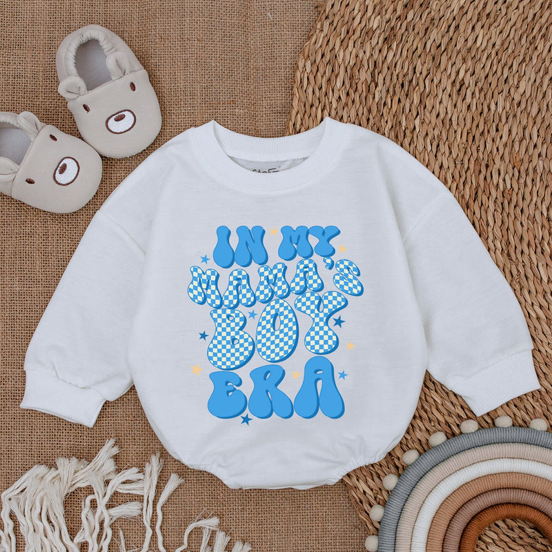 In My Mama's Boy Era Baby Romper - Cute Blue Checkered Text Print, Long Sleeve Soft Cotton Bodysuit for Boys, Perfect Baby Shower Gift