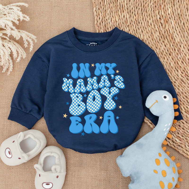 In My Mama's Boy Era Baby Romper - Cute Blue Checkered Text Print, Long Sleeve Soft Cotton Bodysuit for Boys, Perfect Baby Shower Gift